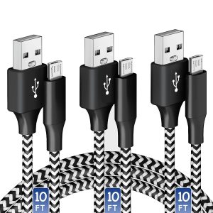 USB Charging Cable 10/10/10FT, 3 Pack Nylon Braided Charger Cables Black&White